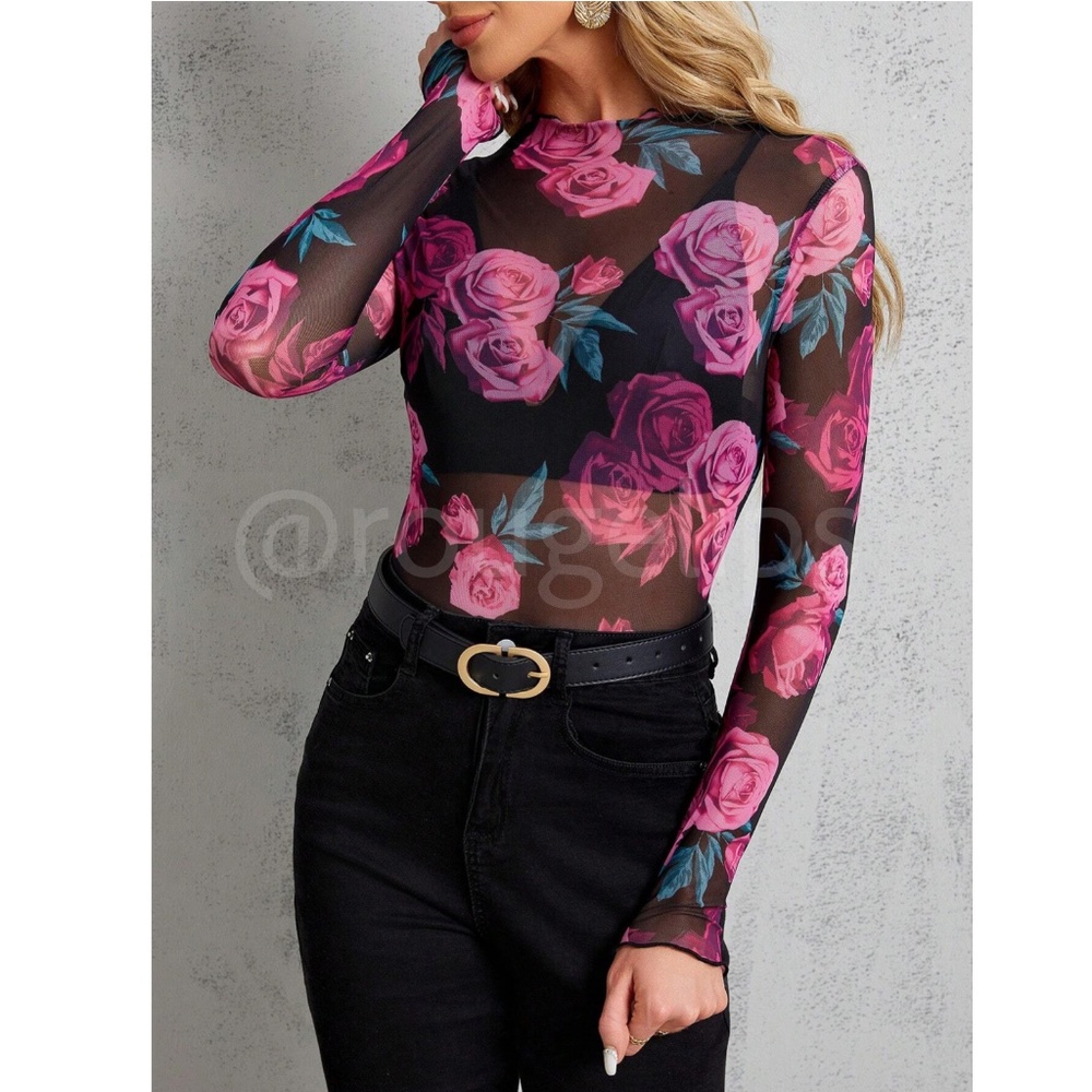 Black Lettuce Trim Long Sleeve Mesh Top Shirt Pink Roses Floral Print - Picture 2 of 8